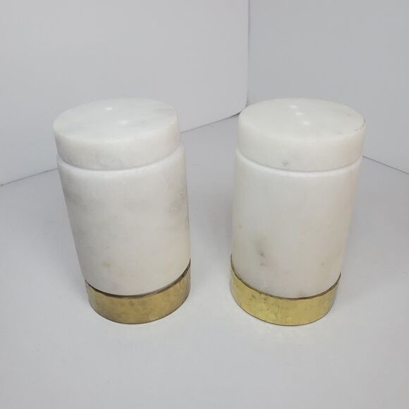 Vintage MCM White Natural Stone Salt And Pepper Shaker Set Hammered Brass Trim - Picture 4 of 7